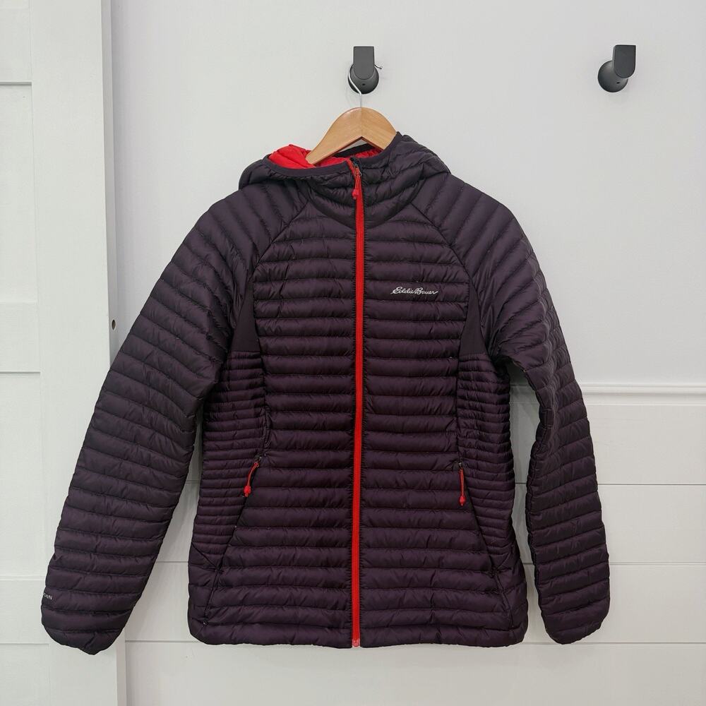Women’s Eddie Bauer First Ascent Puffer Down Coat Jacket Purple Hooded Size M